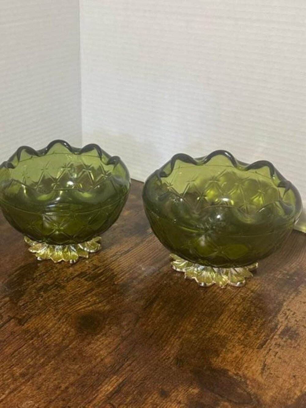 *Vintage Indiana Glass Green Duette Quilted Diamond Bowl Dish Metal Leaf Bottom